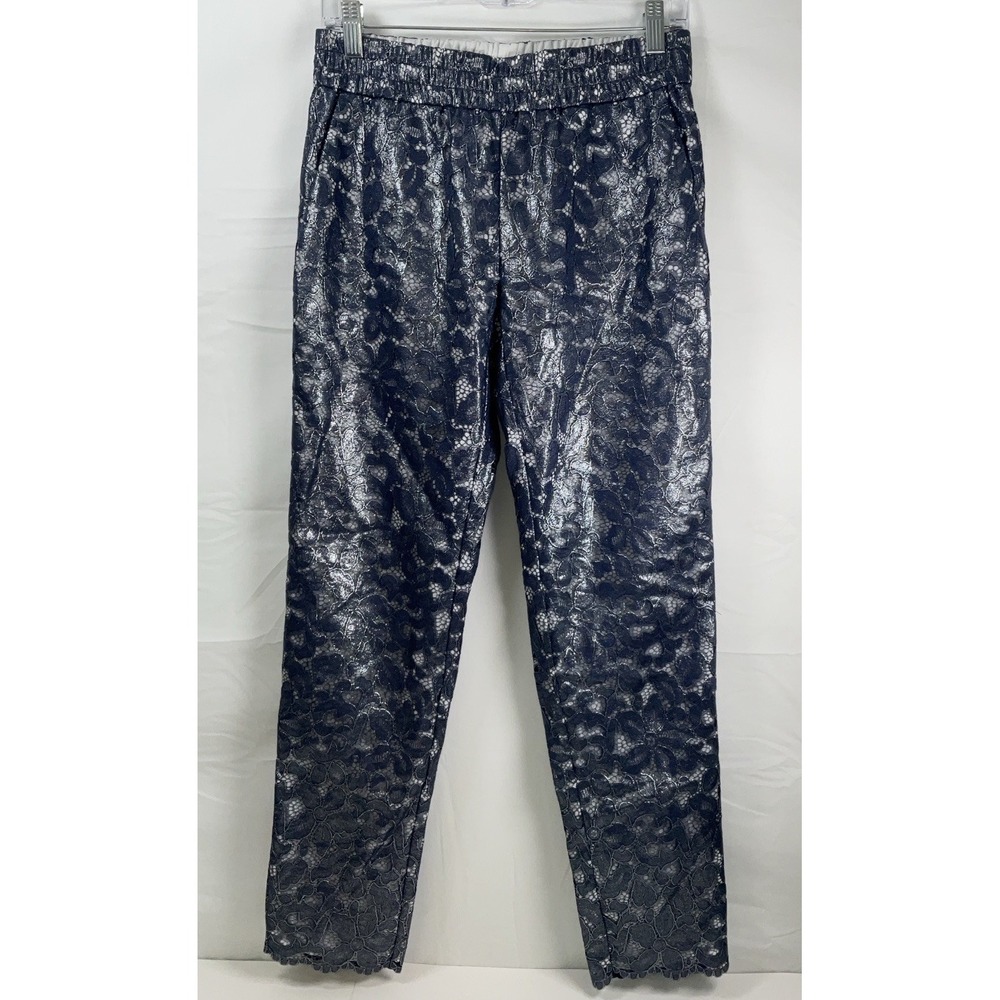 Women's Lilly Pulitzer Floral Mesh Lined Elastic Waist Pants Shiny Blue‎ - Small